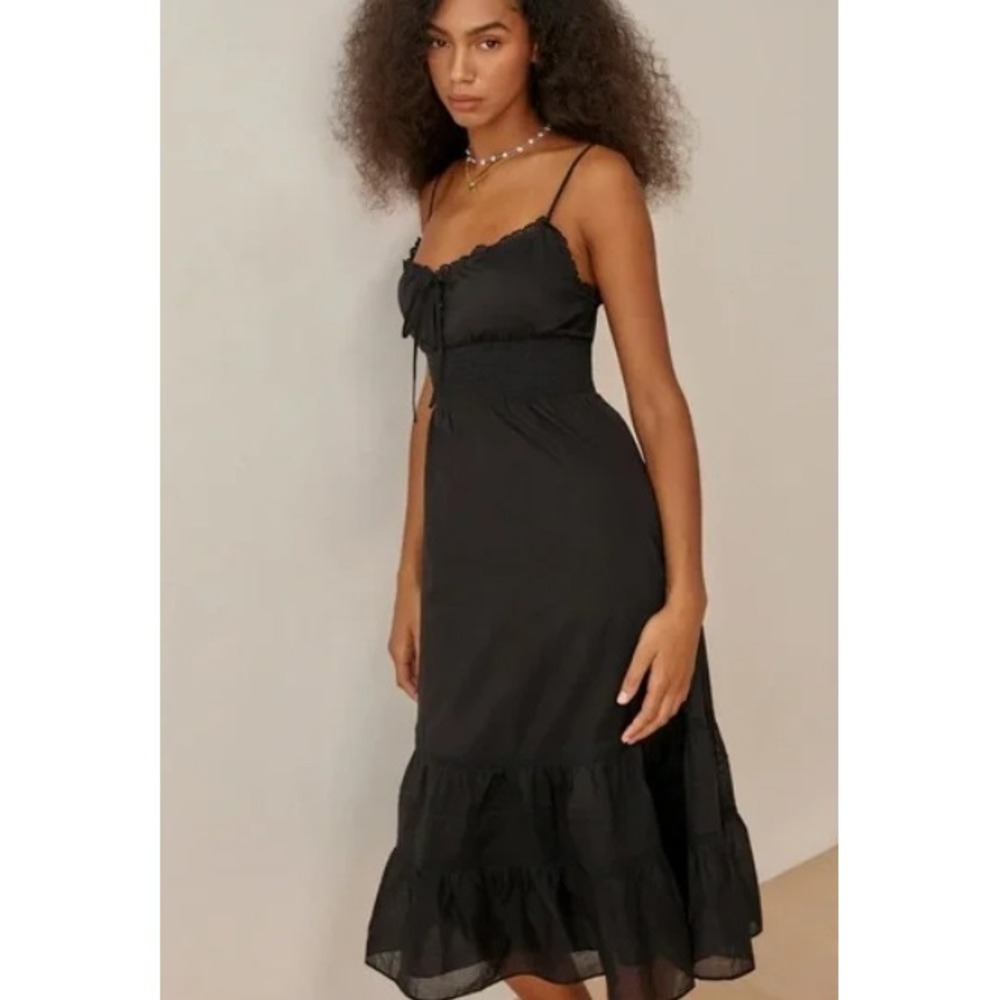 Reformation Landon Dress Black Organic Cotton Smocked Lace Trim Midi Dress 4P